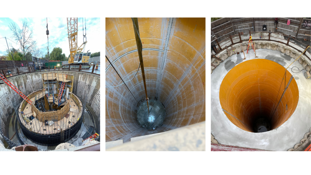 Progress shots of concrete protection liner being installed during part of the application.